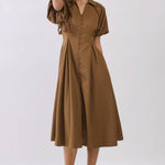 brown midi dress, camel midi dress, button front dress, collared midi dress, puff sleeve dress, fall midi dress, vintage inspired dress, brown wedding guest dress, fall wedding guest dress, fitted waist dress, plus size midi dress, extended size dress