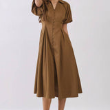 brown midi dress, camel midi dress, button front dress, collared midi dress, puff sleeve dress, fall midi dress, vintage inspired dress, brown wedding guest dress, fall wedding guest dress, fitted waist dress, plus size midi dress, extended size dress