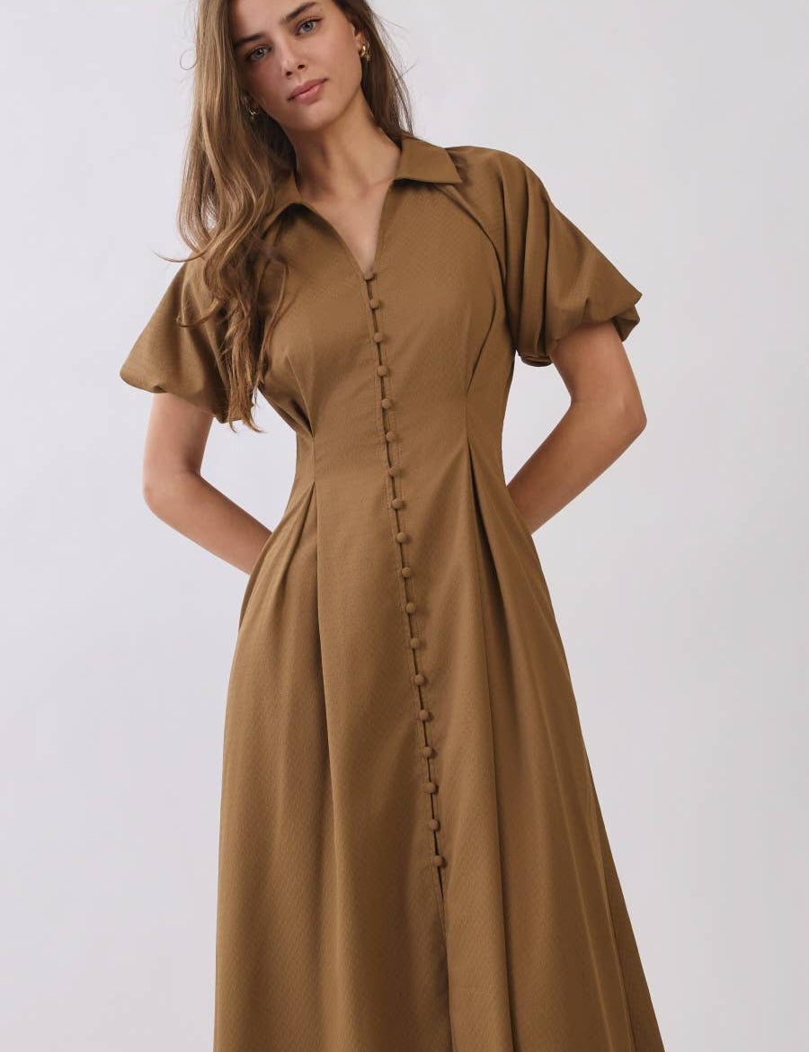 brown midi dress, camel midi dress, button front dress, collared midi dress, puff sleeve dress, fall midi dress, vintage inspired dress, brown wedding guest dress, fall wedding guest dress, fitted waist dress, plus size midi dress, extended size dress