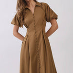 brown midi dress, camel midi dress, button front dress, collared midi dress, puff sleeve dress, fall midi dress, vintage inspired dress, brown wedding guest dress, fall wedding guest dress, fitted waist dress, plus size midi dress, extended size dress