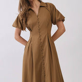 brown midi dress, camel midi dress, button front dress, collared midi dress, puff sleeve dress, fall midi dress, vintage inspired dress, brown wedding guest dress, fall wedding guest dress, fitted waist dress, plus size midi dress, extended size dress