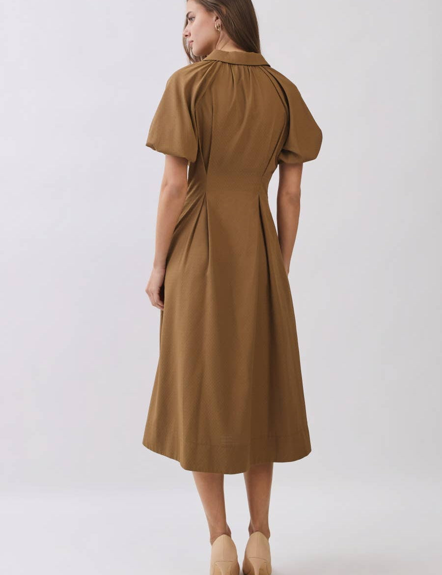 brown midi dress, camel midi dress, button front dress, collared midi dress, puff sleeve dress, fall midi dress, vintage inspired dress, brown wedding guest dress, fall wedding guest dress, fitted waist dress, plus size midi dress, extended size dress