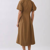 brown midi dress, camel midi dress, button front dress, collared midi dress, puff sleeve dress, fall midi dress, vintage inspired dress, brown wedding guest dress, fall wedding guest dress, fitted waist dress, plus size midi dress, extended size dress