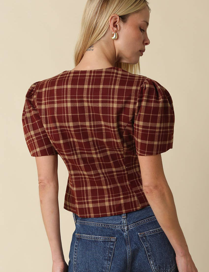 women’s plaid blouse, burgundy plaid top, brown plaid blouse, puff sleeve blouse, fitted plaid top, button front blouse, fall blouse for women, women’s fall top, thanksgiving outfit top, fall family photo outfit, plaid puff sleeve top, boutique fall clothing