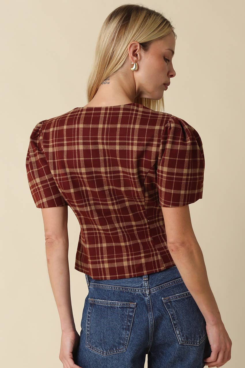 women’s plaid blouse, burgundy plaid top, brown plaid blouse, puff sleeve blouse, fitted plaid top, button front blouse, fall blouse for women, women’s fall top, thanksgiving outfit top, fall family photo outfit, plaid puff sleeve top, boutique fall clothing