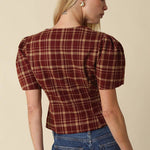 women’s plaid blouse, burgundy plaid top, brown plaid blouse, puff sleeve blouse, fitted plaid top, button front blouse, fall blouse for women, women’s fall top, thanksgiving outfit top, fall family photo outfit, plaid puff sleeve top, boutique fall clothing