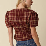 women’s plaid blouse, burgundy plaid top, brown plaid blouse, puff sleeve blouse, fitted plaid top, button front blouse, fall blouse for women, women’s fall top, thanksgiving outfit top, fall family photo outfit, plaid puff sleeve top, boutique fall clothing