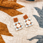 handmade quilt earrings, patchwork dangle earrings, polymer clay dangle earrings, quilt square earrings, colorful geometric earrings, artisan clay earrings, lightweight statement earrings, handcrafted polymer clay jewelry, handmade Michigan earrings, nickel free dangle earrings