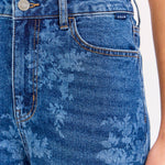 dark wash floral wide leg jeans, high rise floral denim, women's wide leg jeans, embroidered look floral wash denim, boutique denim, relaxed fit jeans, full length wide leg jeans, West of May Boutique