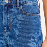 dark wash floral wide leg jeans, high rise floral denim, women's wide leg jeans, embroidered look floral wash denim, boutique denim, relaxed fit jeans, full length wide leg jeans, West of May Boutique