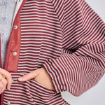 striped knit jacket, oversized striped cardigan jacket, button front knit jacket, varsity inspired jacket, burgundy striped jacket, lightweight fall layer, relaxed knit jacket, women's boutique jacket, west of may boutique, free people dupe