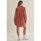 rust corduroy dress, corduroy shirt dress, women’s button down dress, western shirt dress, oversized mini dress, cotton corduroy dress, fall mini dress, rust shirt dress, western fall dress, casual fall dress, corduroy shacket dress, boutique fall clothing