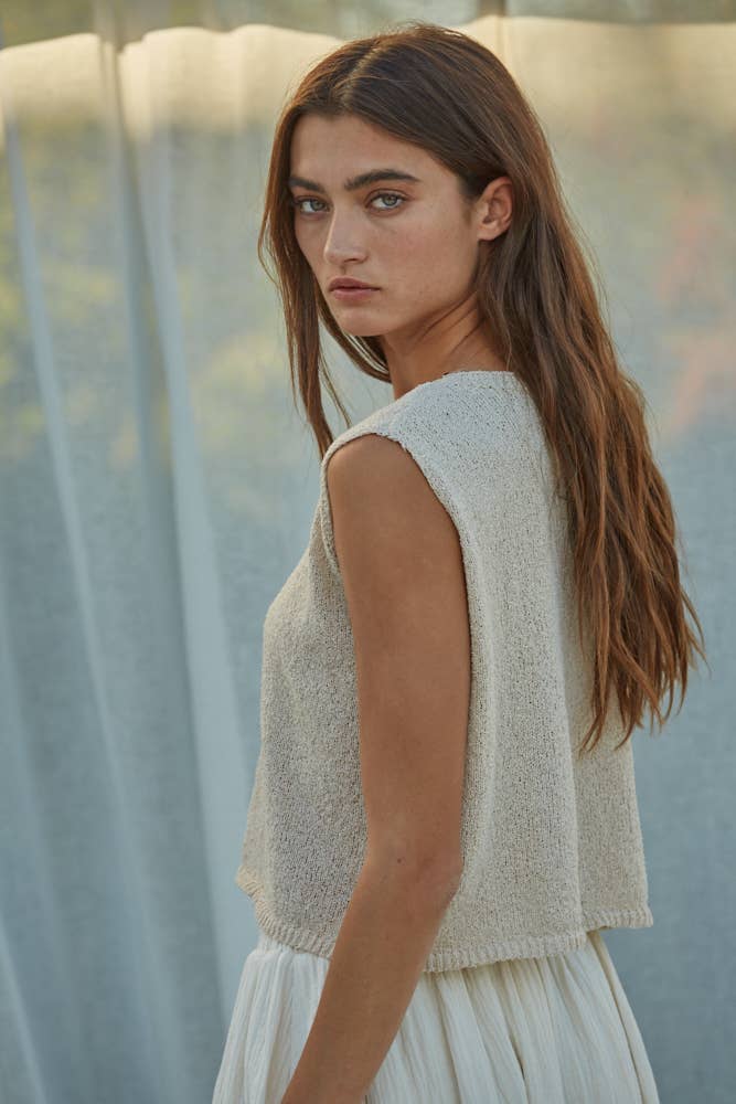 cream sweater tank, sleeveless knit top, lightweight sweater vest, cropped knit tank, crew neck sweater tank, neutral sleeveless sweater, boxy knit top, women's layering tank, casual knit shell, lightweight sleeveless knit