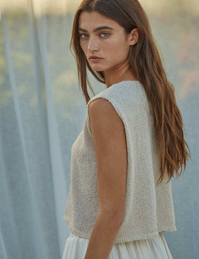 cream sweater tank, sleeveless knit top, lightweight sweater vest, cropped knit tank, crew neck sweater tank, neutral sleeveless sweater, boxy knit top, women's layering tank, casual knit shell, lightweight sleeveless knit