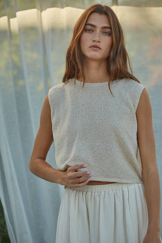 cream sweater tank, sleeveless knit top, lightweight sweater vest, cropped knit tank, crew neck sweater tank, neutral sleeveless sweater, boxy knit top, women's layering tank, casual knit shell, lightweight sleeveless knit