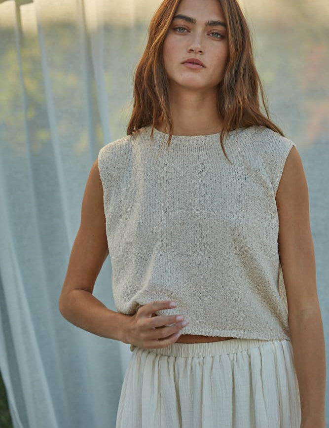 cream sweater tank, sleeveless knit top, lightweight sweater vest, cropped knit tank, crew neck sweater tank, neutral sleeveless sweater, boxy knit top, women's layering tank, casual knit shell, lightweight sleeveless knit