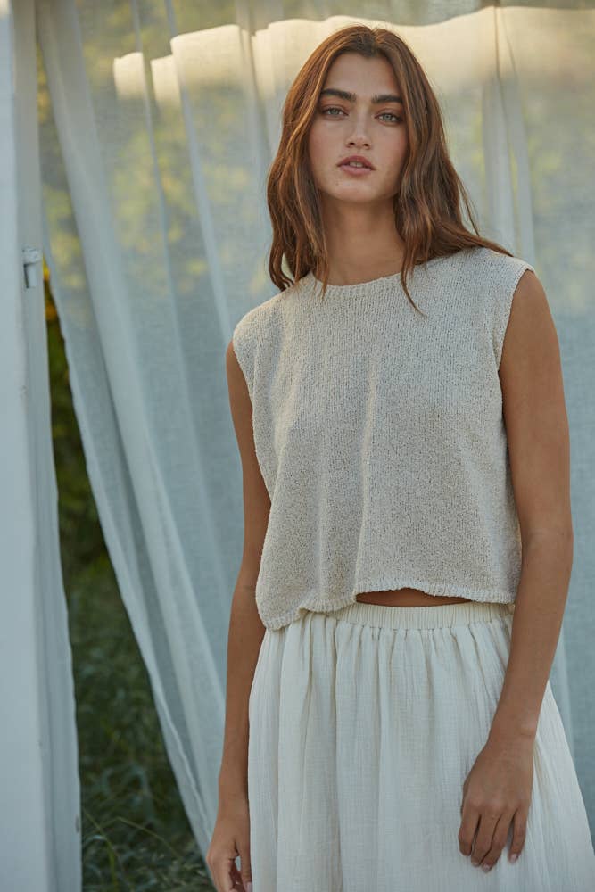 cream sweater tank, sleeveless knit top, lightweight sweater vest, cropped knit tank, crew neck sweater tank, neutral sleeveless sweater, boxy knit top, women's layering tank, casual knit shell, lightweight sleeveless knit