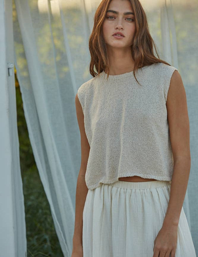 cream sweater tank, sleeveless knit top, lightweight sweater vest, cropped knit tank, crew neck sweater tank, neutral sleeveless sweater, boxy knit top, women's layering tank, casual knit shell, lightweight sleeveless knit