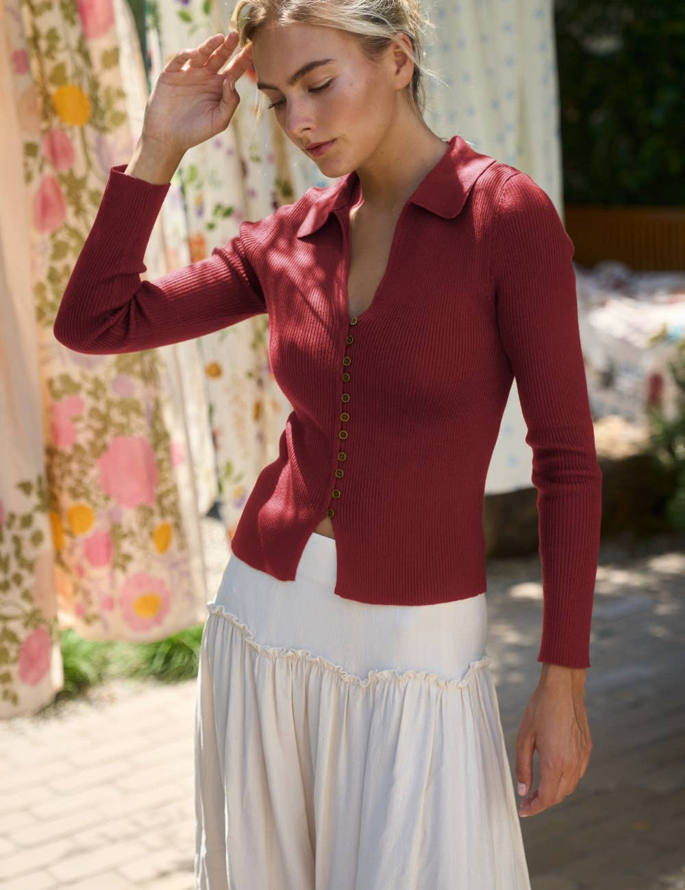 cranberry red top, ribbed collared top, women's red knit top, fitted fall top, long sleeve ribbed top, collared sweater top, burgundy knit top, women's thanksgiving outfit, fall date night top