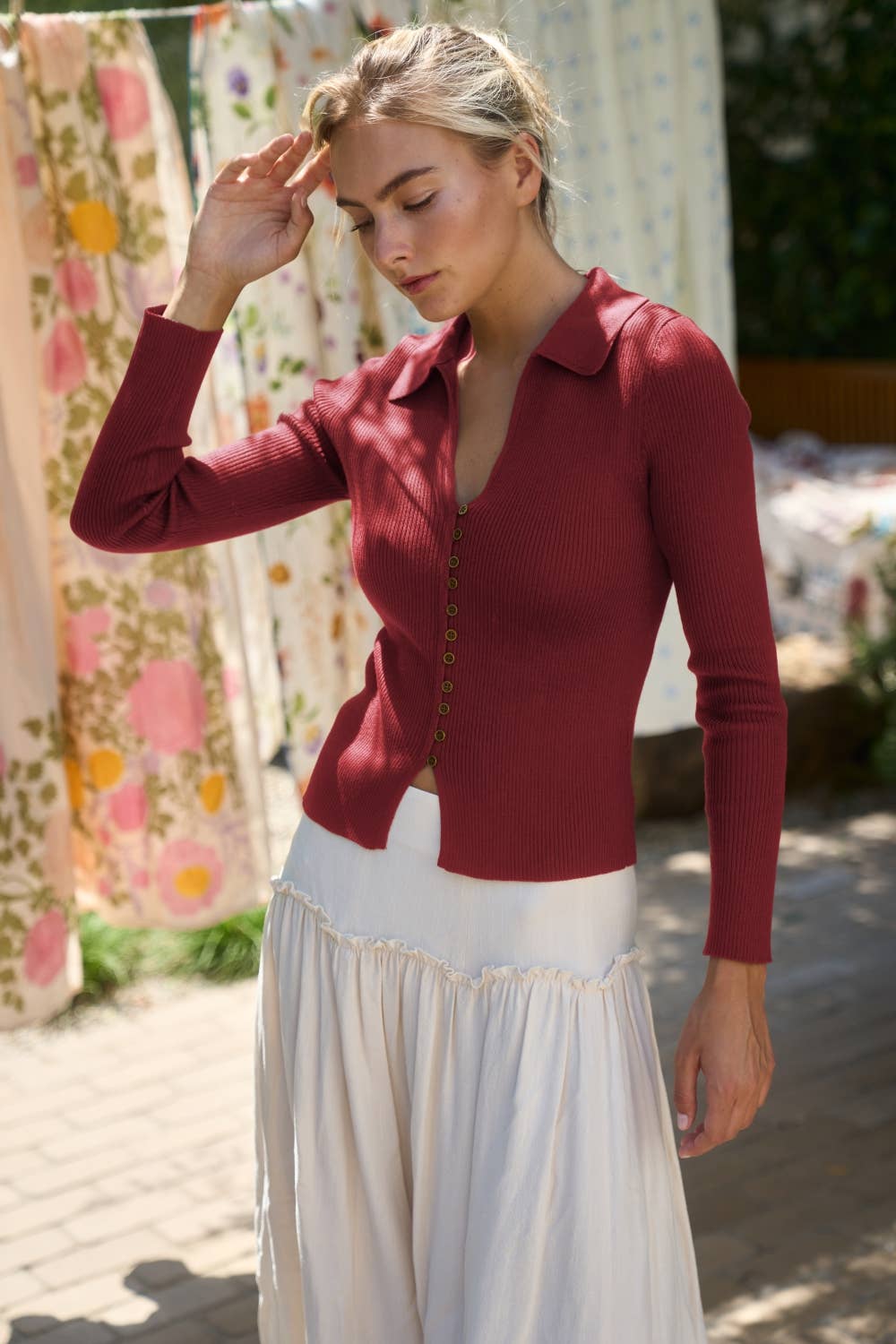 cranberry red top, ribbed collared top, women's red knit top, fitted fall top, long sleeve ribbed top, collared sweater top, burgundy knit top, women's thanksgiving outfit, fall date night top