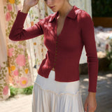 cranberry red top, ribbed collared top, women's red knit top, fitted fall top, long sleeve ribbed top, collared sweater top, burgundy knit top, women's thanksgiving outfit, fall date night top