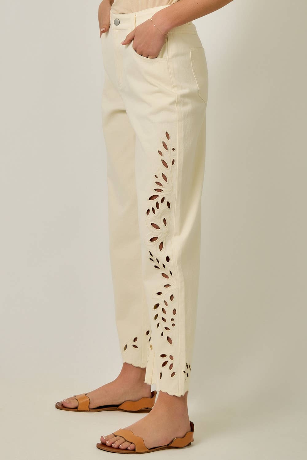 eyelet jeans, straight leg mom jeans, cream denim jeans women, embroidered spring jeans