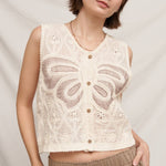 crochet butterfly top, embroidered crochet tank, sleeveless crochet blouse, cream crochet top, boho crochet tank, textured summer top, butterfly embroidered top, open knit sleeveless top, neutral boho blouse, women's crochet sweater tank, festival outfit