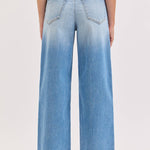 high rise wide leg jeans, light wash wide leg jeans, cropped wide leg denim, raw hem jeans, women's high rise jeans, light wash denim pants, stretchy wide leg jeans, everyday denim, cropped jeans women, casual blue jeans