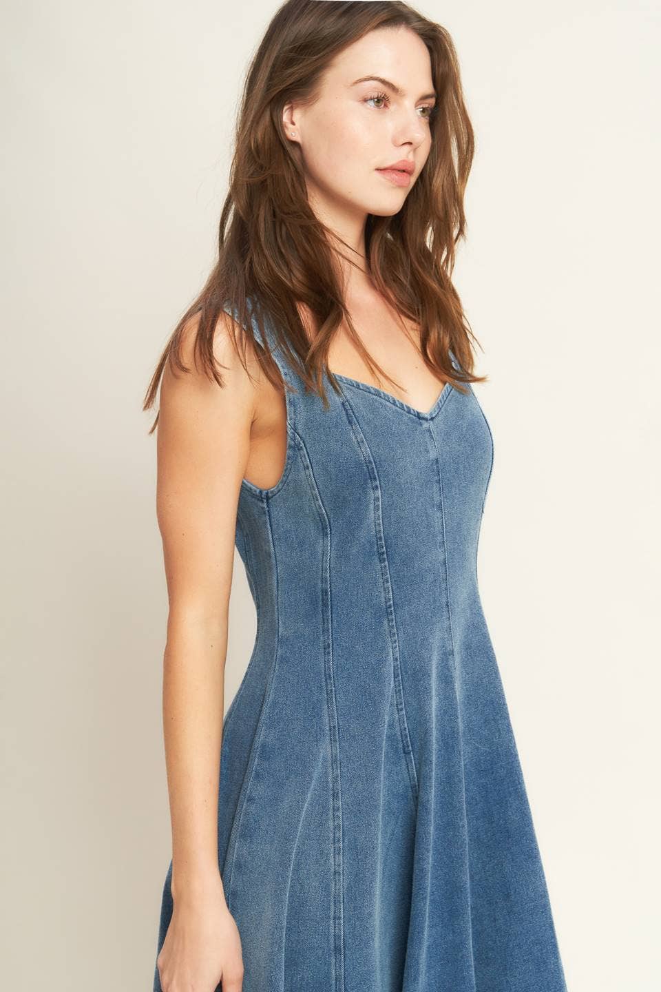 denim midi dress, washed denim midi dress, queen anne neckline dress, sleeveless denim dress, fit and flare denim dress, circle skirt denim dress, plus size denim dress, modest denim dress, teacher outfit, fall denim dress, women's boutique clothing, west of may boutique