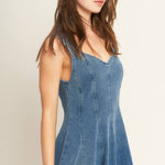 denim midi dress, washed denim midi dress, queen anne neckline dress, sleeveless denim dress, fit and flare denim dress, circle skirt denim dress, plus size denim dress, modest denim dress, teacher outfit, fall denim dress, women's boutique clothing, west of may boutique
