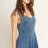 denim midi dress, washed denim midi dress, queen anne neckline dress, sleeveless denim dress, fit and flare denim dress, circle skirt denim dress, plus size denim dress, modest denim dress, teacher outfit, fall denim dress, women's boutique clothing, west of may boutique