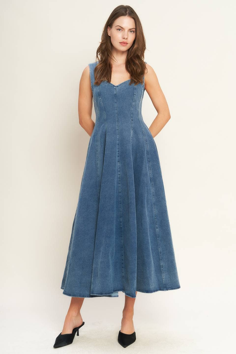 denim midi dress, washed denim midi dress, queen anne neckline dress, sleeveless denim dress, fit and flare denim dress, circle skirt denim dress, plus size denim dress, modest denim dress, teacher outfit, fall denim dress, women's boutique clothing, west of may boutique