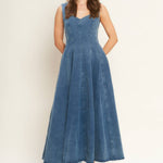 denim midi dress, washed denim midi dress, queen anne neckline dress, sleeveless denim dress, fit and flare denim dress, circle skirt denim dress, plus size denim dress, modest denim dress, teacher outfit, fall denim dress, women's boutique clothing, west of may boutique