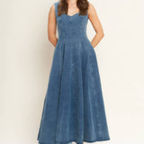 denim midi dress, washed denim midi dress, queen anne neckline dress, sleeveless denim dress, fit and flare denim dress, circle skirt denim dress, plus size denim dress, modest denim dress, teacher outfit, fall denim dress, women's boutique clothing, west of may boutique