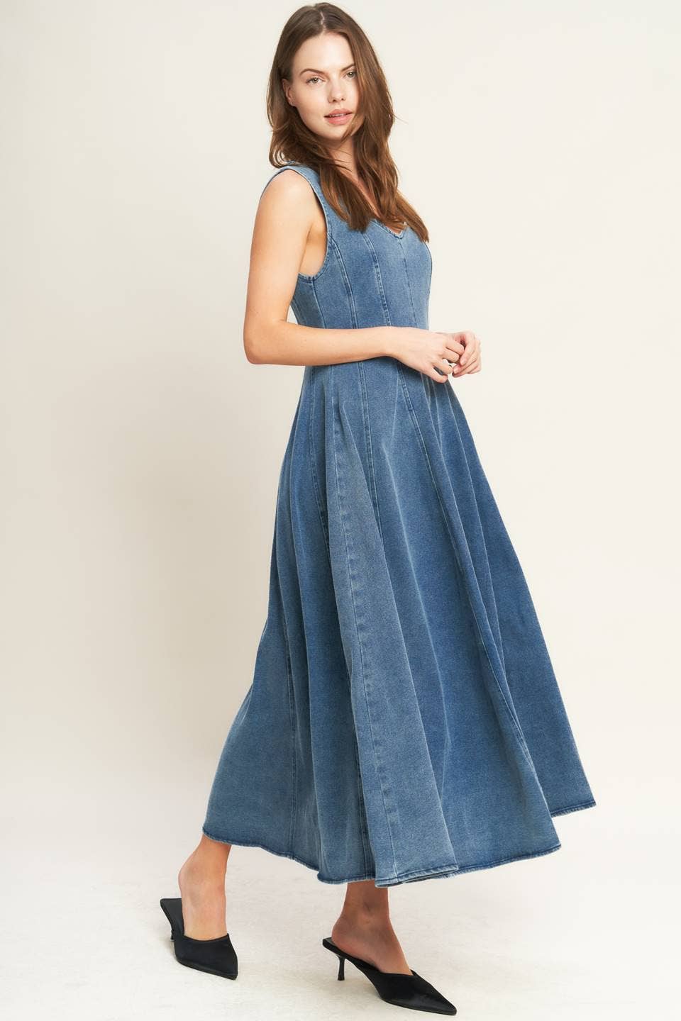 denim midi dress, washed denim midi dress, queen anne neckline dress, sleeveless denim dress, fit and flare denim dress, circle skirt denim dress, plus size denim dress, modest denim dress, teacher outfit, fall denim dress, women's boutique clothing, west of may boutique