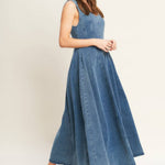 denim midi dress, washed denim midi dress, queen anne neckline dress, sleeveless denim dress, fit and flare denim dress, circle skirt denim dress, plus size denim dress, modest denim dress, teacher outfit, fall denim dress, women's boutique clothing, west of may boutique