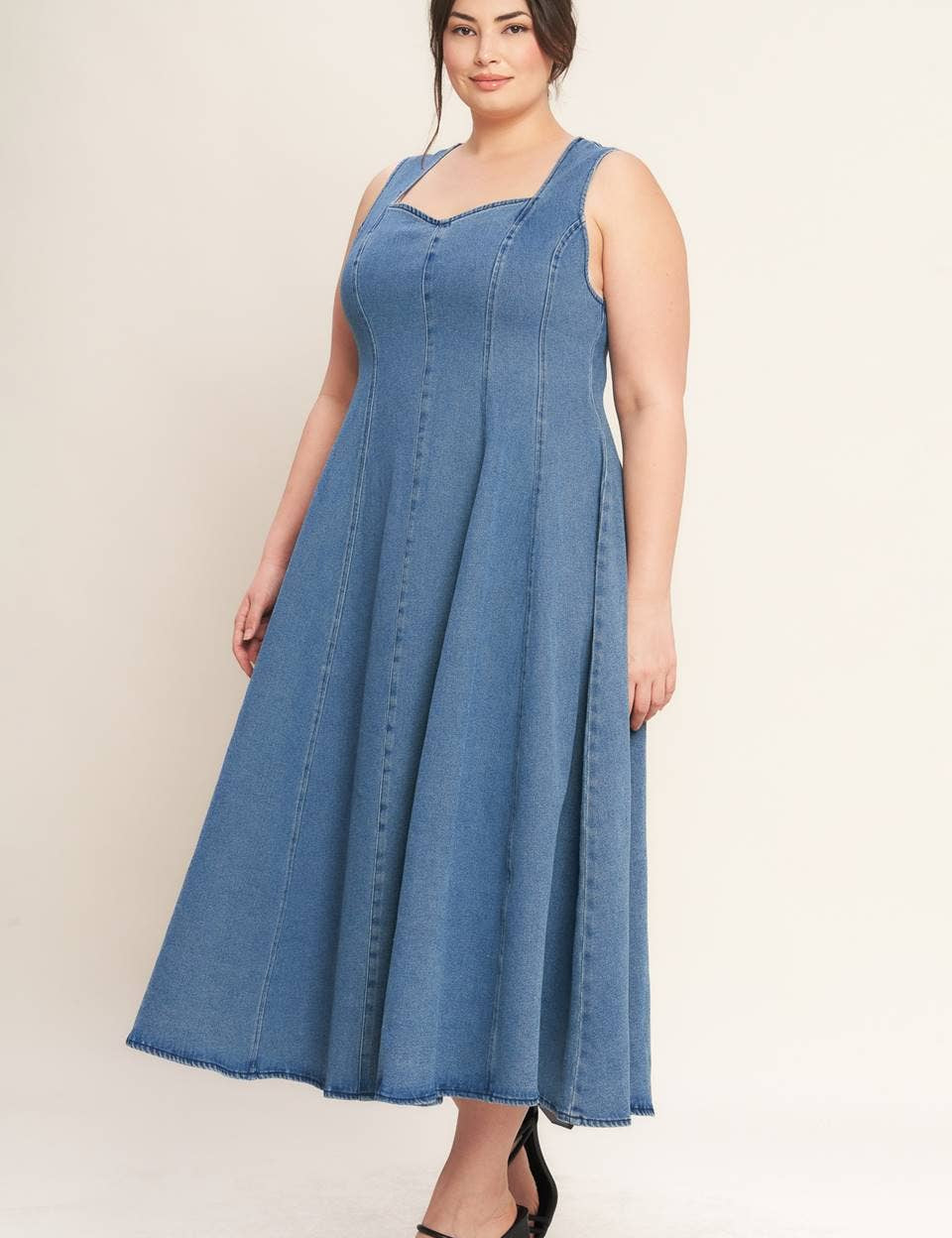 denim midi dress, washed denim midi dress, queen anne neckline dress, sleeveless denim dress, fit and flare denim dress, circle skirt denim dress, plus size denim dress, modest denim dress, teacher outfit, fall denim dress, women's boutique clothing, west of may boutique