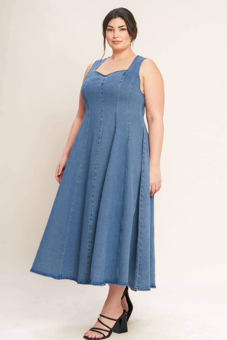 denim midi dress, washed denim midi dress, queen anne neckline dress, sleeveless denim dress, fit and flare denim dress, circle skirt denim dress, plus size denim dress, modest denim dress, teacher outfit, fall denim dress, women's boutique clothing, west of may boutique