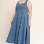 denim midi dress, washed denim midi dress, queen anne neckline dress, sleeveless denim dress, fit and flare denim dress, circle skirt denim dress, plus size denim dress, modest denim dress, teacher outfit, fall denim dress, women's boutique clothing, west of may boutique