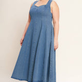 denim midi dress, washed denim midi dress, queen anne neckline dress, sleeveless denim dress, fit and flare denim dress, circle skirt denim dress, plus size denim dress, modest denim dress, teacher outfit, fall denim dress, women's boutique clothing, west of may boutique