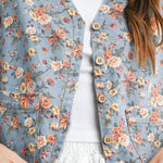 floral tie-front vest, cotton floral vest, women's floral vest, blue floral vest, tie-front vest, cottagecore vest, vintage inspired vest, layering vest, sleeveless floral top, fall layering piece, women's boutique vest, west of may boutique