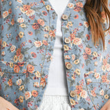 floral tie-front vest, cotton floral vest, women's floral vest, blue floral vest, tie-front vest, cottagecore vest, vintage inspired vest, layering vest, sleeveless floral top, fall layering piece, women's boutique vest, west of may boutique