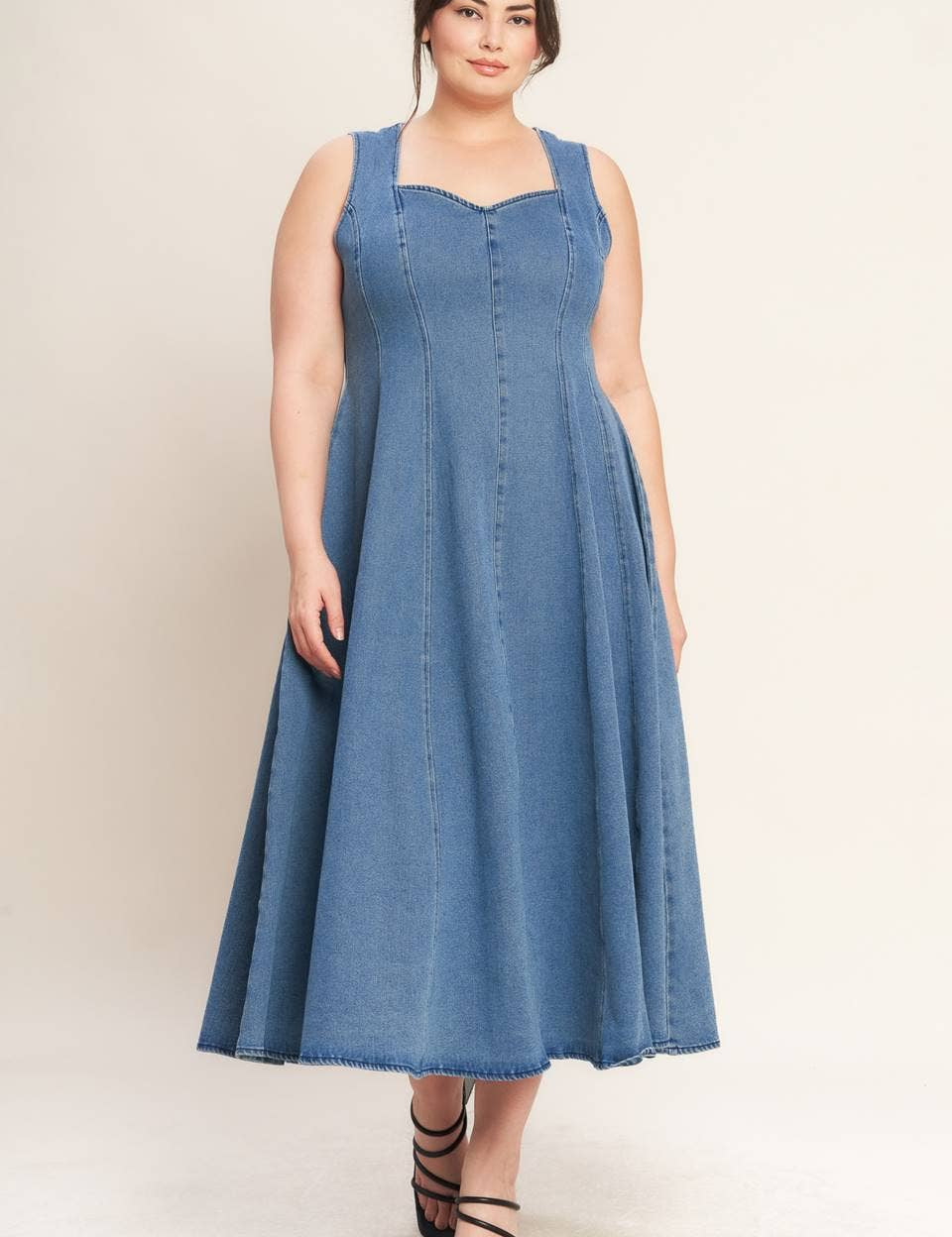 denim midi dress, washed denim midi dress, queen anne neckline dress, sleeveless denim dress, fit and flare denim dress, circle skirt denim dress, plus size denim dress, modest denim dress, teacher outfit, fall denim dress, women's boutique clothing, west of may boutique
