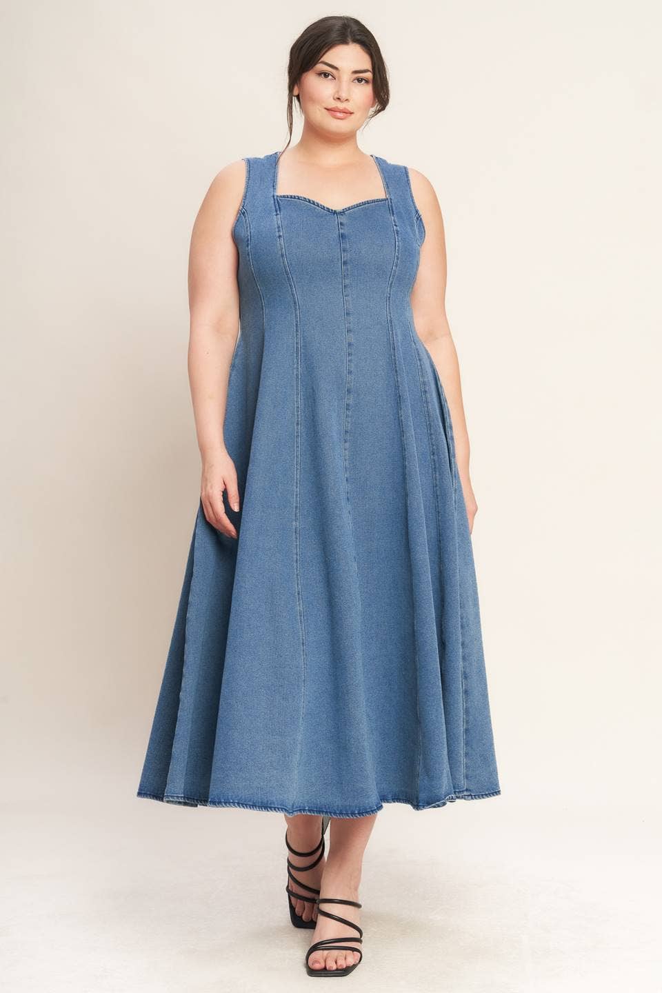 denim midi dress, washed denim midi dress, queen anne neckline dress, sleeveless denim dress, fit and flare denim dress, circle skirt denim dress, plus size denim dress, modest denim dress, teacher outfit, fall denim dress, women's boutique clothing, west of may boutique