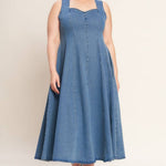 denim midi dress, washed denim midi dress, queen anne neckline dress, sleeveless denim dress, fit and flare denim dress, circle skirt denim dress, plus size denim dress, modest denim dress, teacher outfit, fall denim dress, women's boutique clothing, west of may boutique