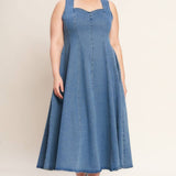 denim midi dress, washed denim midi dress, queen anne neckline dress, sleeveless denim dress, fit and flare denim dress, circle skirt denim dress, plus size denim dress, modest denim dress, teacher outfit, fall denim dress, women's boutique clothing, west of may boutique