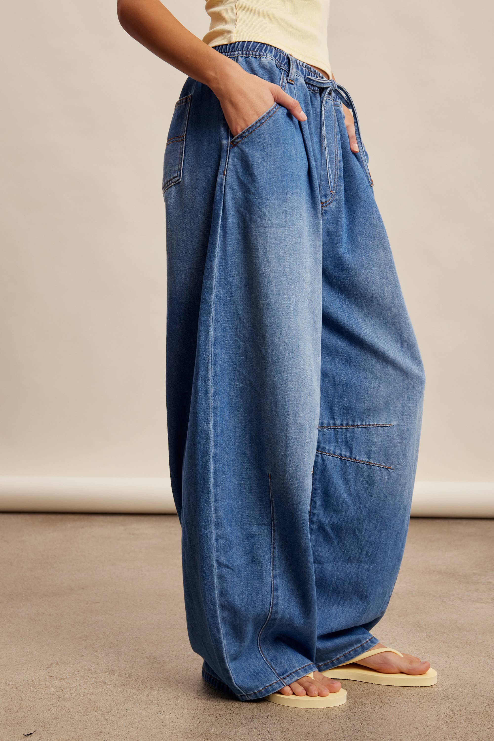 wide leg pull on denim pants
elastic waistband denim pants
lightweight cotton denim trousers
relaxed wide leg jeans women
drawstring waist denim pants
comfortable boutique denim pants
soft wide leg denim jeans
everyday relaxed denim pants