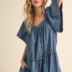 denim romper
flutter sleeve romper
lightweight denim romper
button front romper
drawstring waist romper
loose fit romper
mom friendly romper
casual summer romper
boutique denim romper
west of may romper