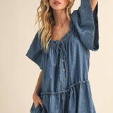 denim romper
flutter sleeve romper
lightweight denim romper
button front romper
drawstring waist romper
loose fit romper
mom friendly romper
casual summer romper
boutique denim romper
west of may romper