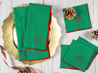 Green Linen Napkins with Red Bow — Set of Four